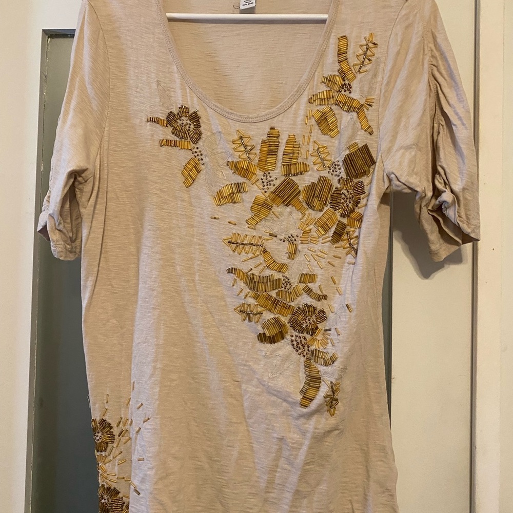 Style & Co. Graphic Embellished Tan Gold Tee